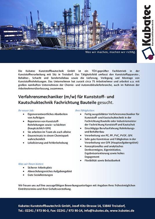 Kubatec, Job, Verfahrenstechniker, Kunststoff, Kautschuktechnik, Bauteile